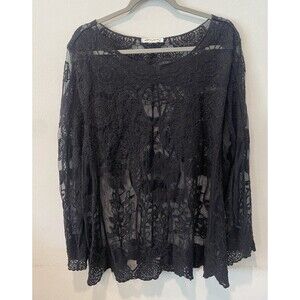 Boho Hippy Lace Sheer Festival Long Sleeve Blouse Top Black Embroidered Sz L
